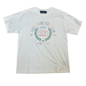 Homme Femme cream multi color crest logo short sleeve crew neck t-shirt size M